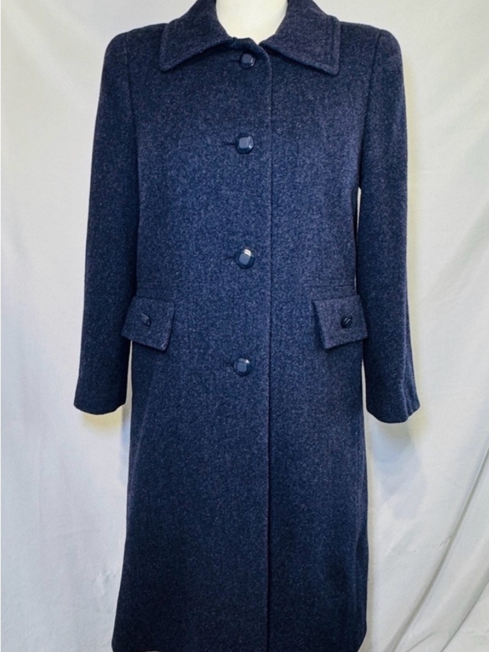 Vintage Bromley Elegant Women's Navy Wool Coat with Gorgeous Button Front